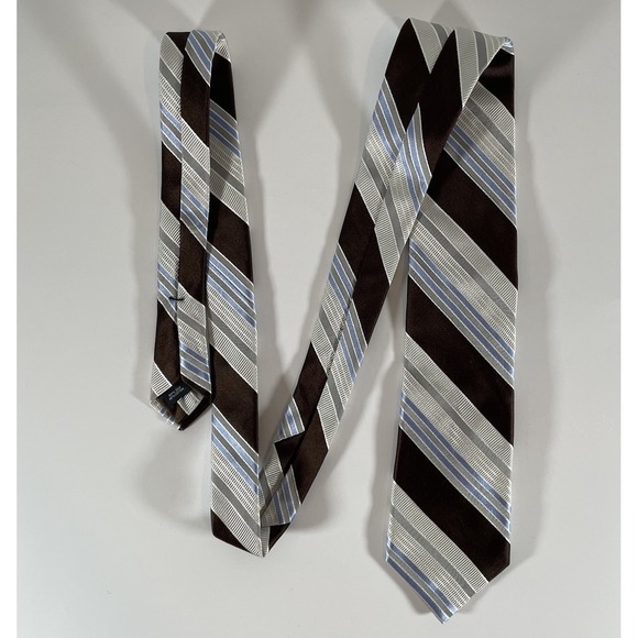 Ike Behar New York Mens Striped Necktie, Brown Blue Silver Diagonal Stripe Tie - Picture 2 of 5